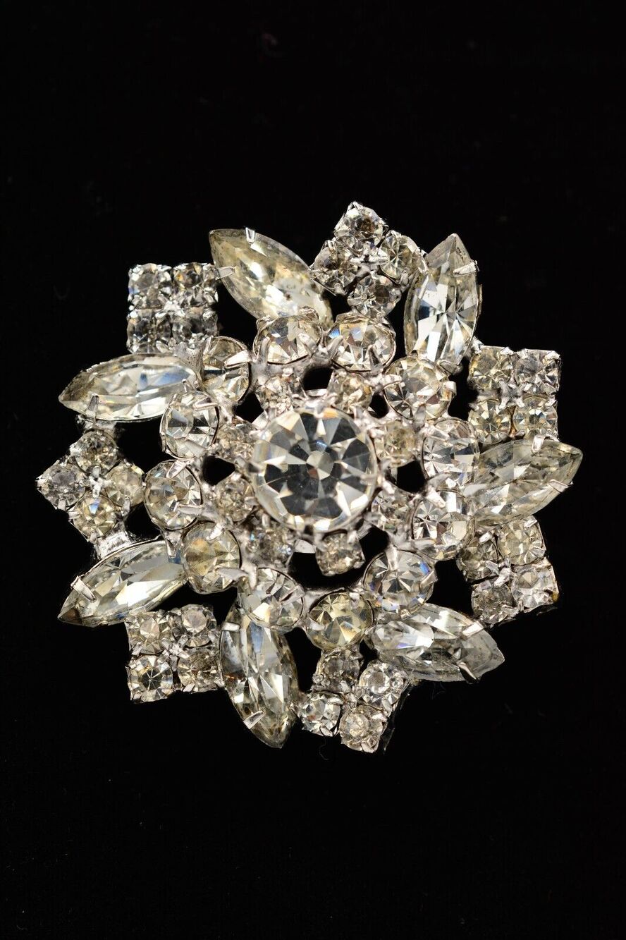 Vintage Crystal Pin Brooch Flower Prong Marquise Rhinestone Chunky 1980s BinAC